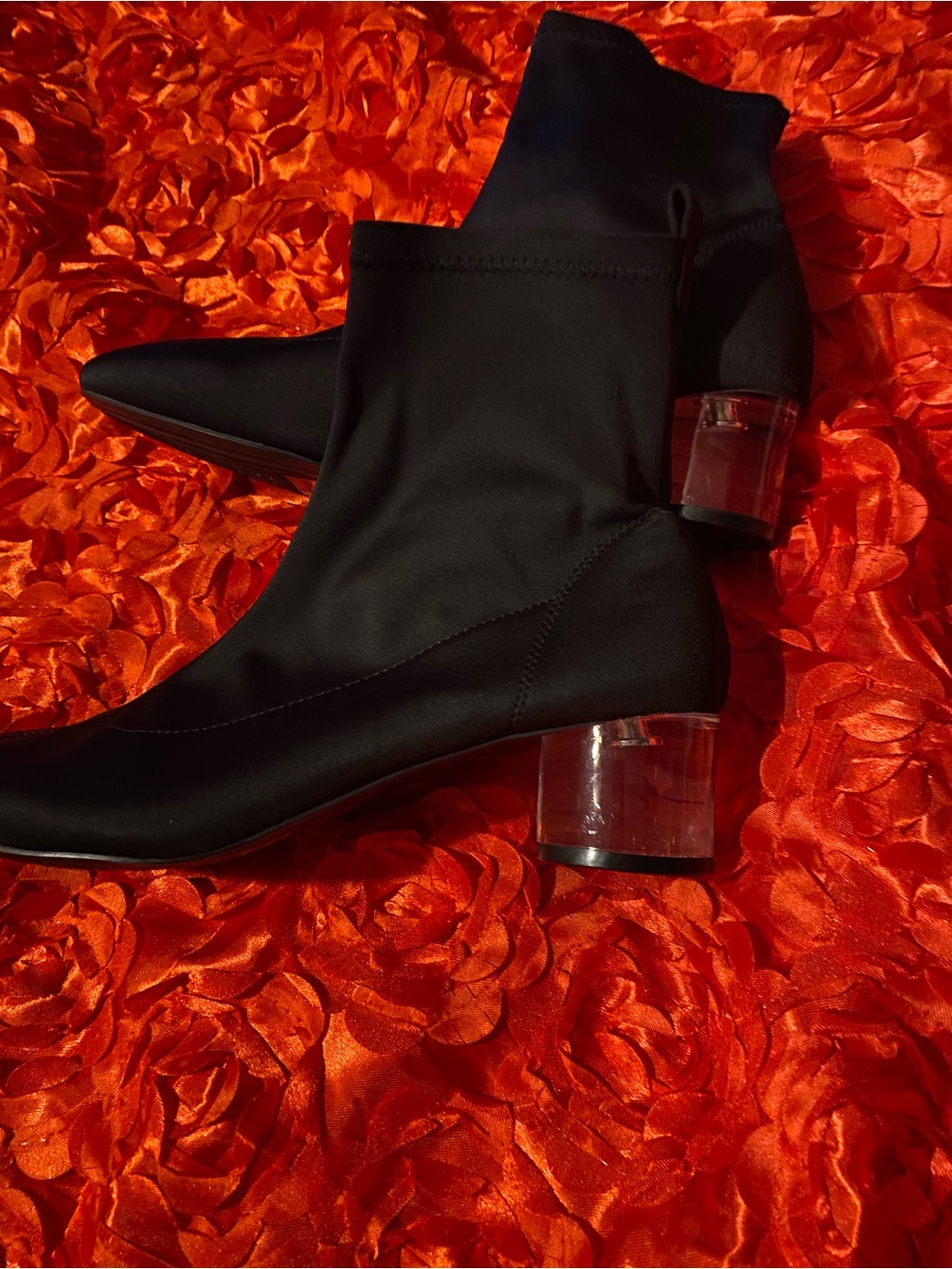 Black Stretch Sock Ankle Boots with Clear Block Heel